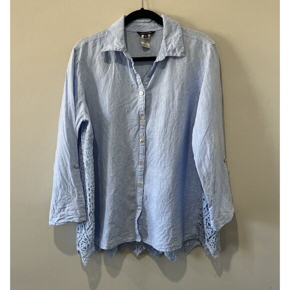 John Mark Top Women’s 0X Blue Button Up Linen Cotton Lace Back Roll Tab Sleeve - Picture 1 of 8